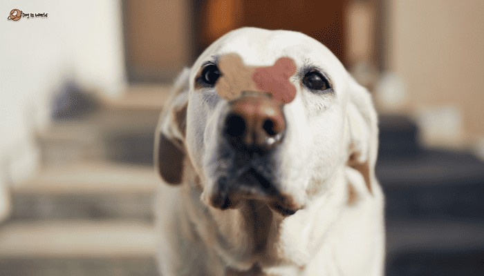 A Labrador balancing a treat on their nose.  