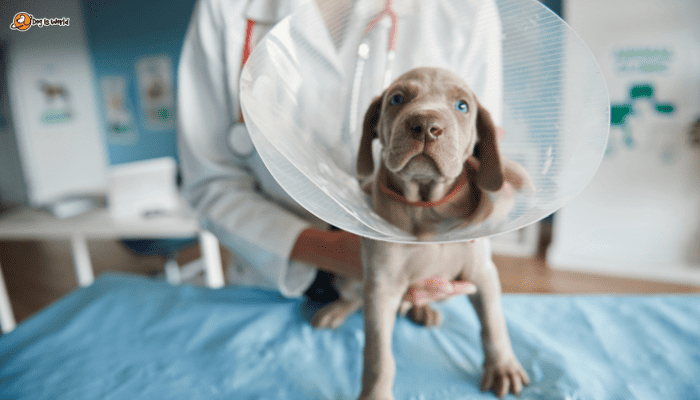 a vet holding a puppy who's wearing an e-collar.